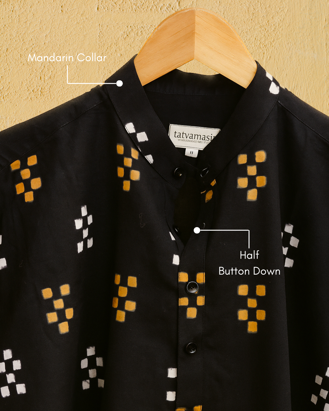 Udaipur Black Cotton Shirt with Mandarin Collar