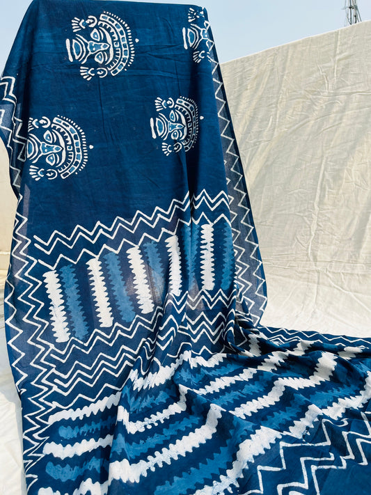 "Heartstrings" Bagru Hand Block Print Indigo Saree