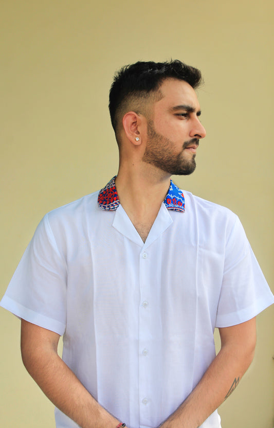 White Printed Shirt with Cuban Collar