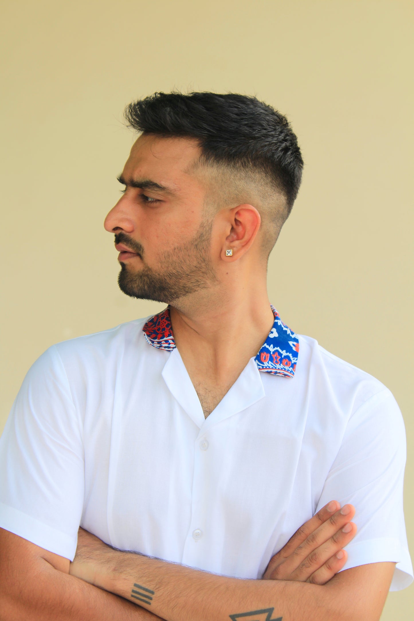 White Printed Shirt with Cuban Collar