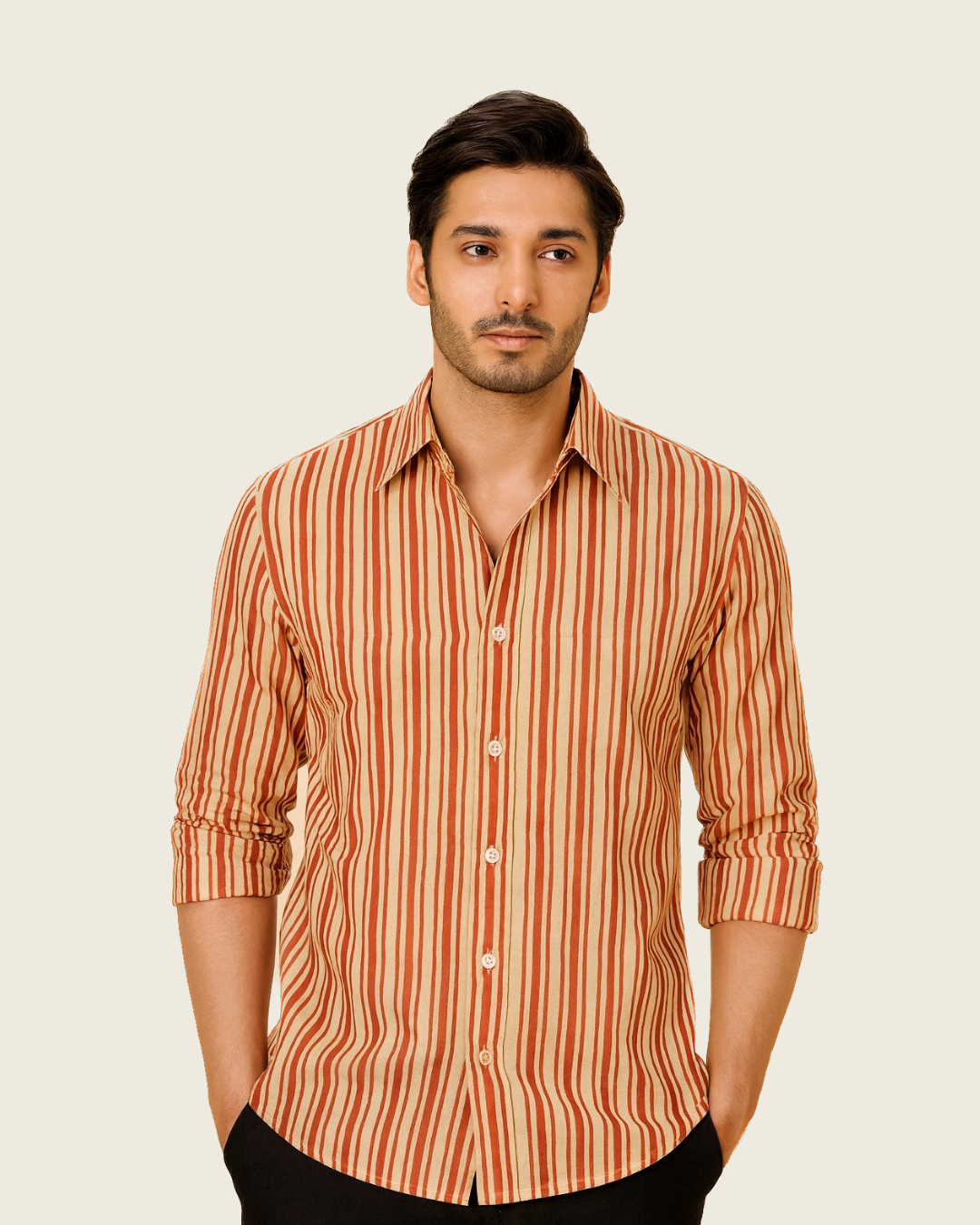 Madrid Red & Beige Striped Cotton Shirt | Italian Spread Collar