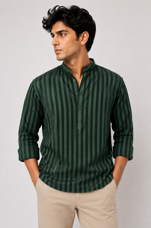 Berlin Green & Black Striped Cotton Shirt