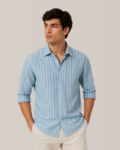 Florence Blue & White Striped Cotton Shirt | Italian Spread Collar