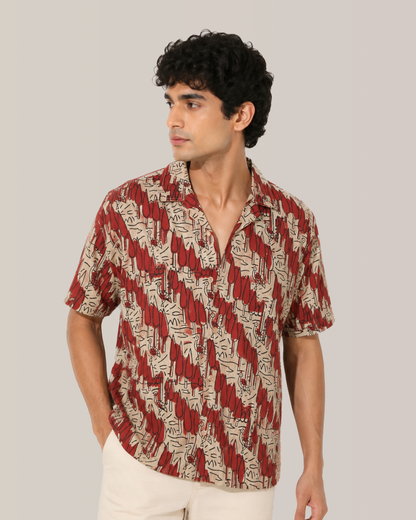 Barcelona Red Abstract Cotton Shirt | Cuban Collar