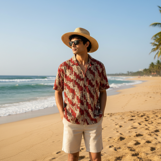 Barcelona Red Abstract Cotton Shirt | Cuban Collar