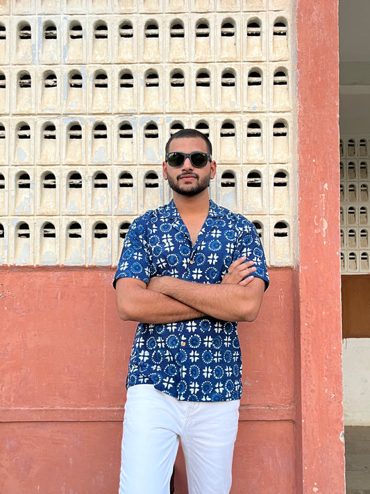 Blue Printed Cuban Collar Shirt