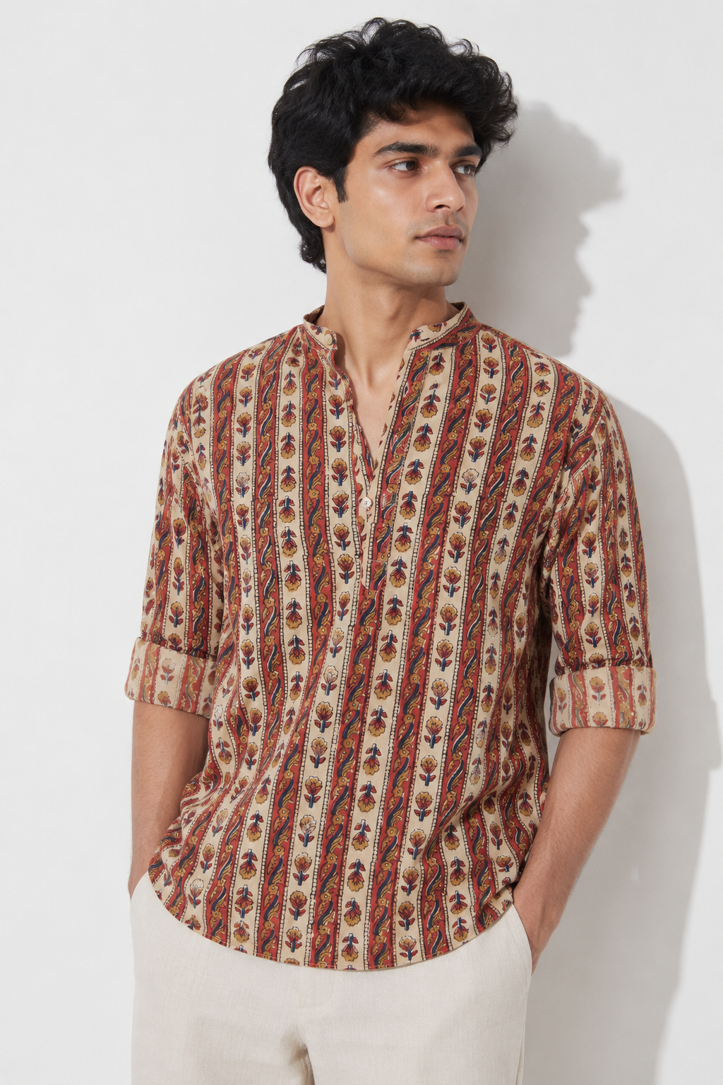 Kutch Beige Hand Block Printed Floral Cotton Shirt