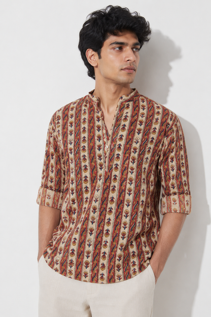 Kutch Beige Hand Block Printed Floral Cotton Shirt