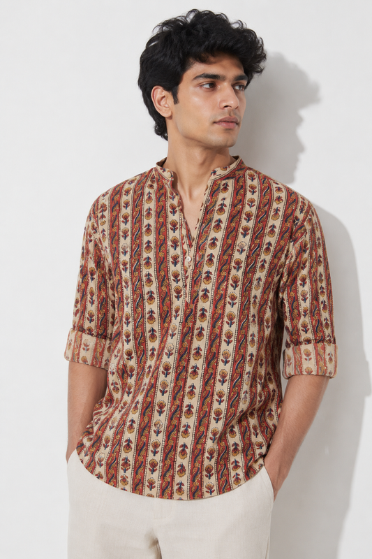 Kutch Beige Hand Block Printed Floral Cotton Shirt