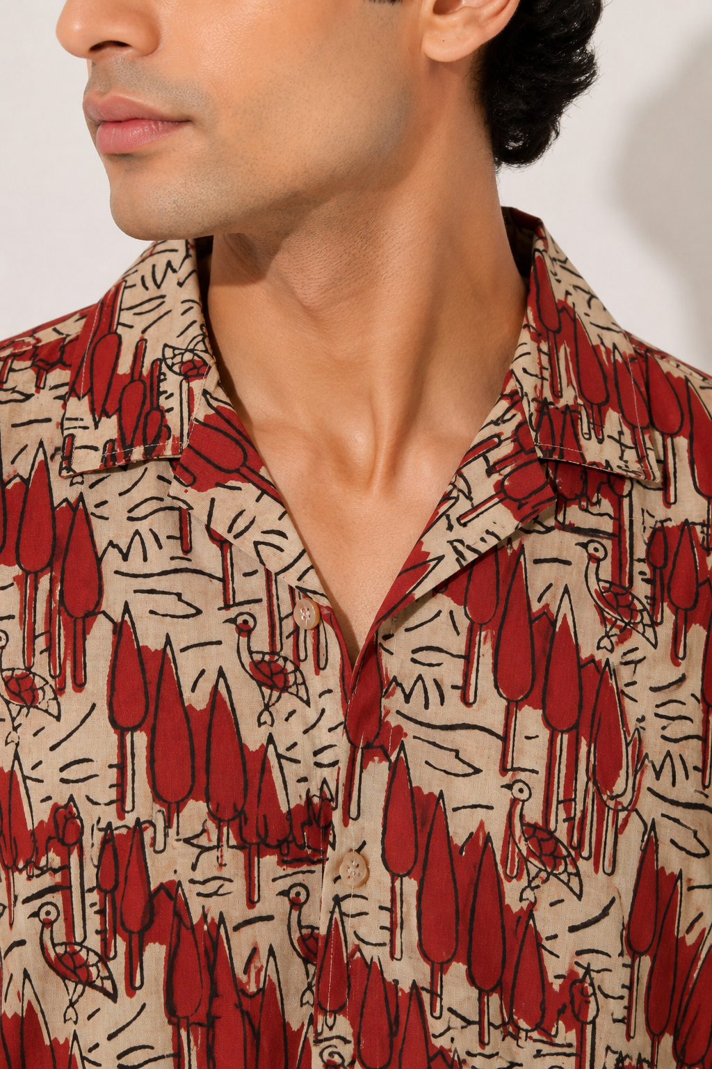 Barcelona Red Abstract Cotton Shirt | Cuban Collar