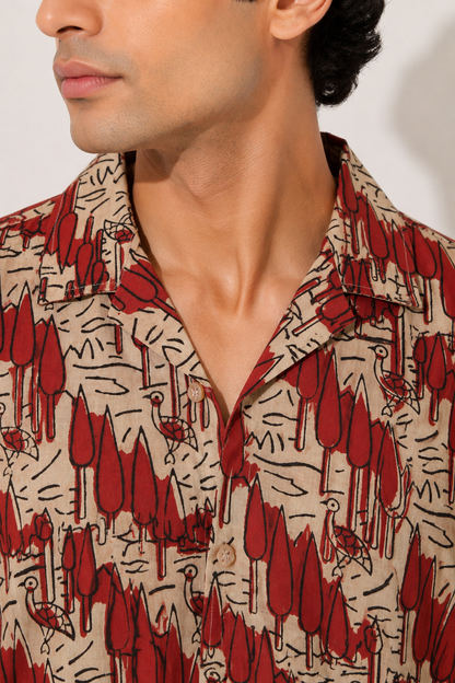 Barcelona Red Abstract Cotton Shirt | Cuban Collar