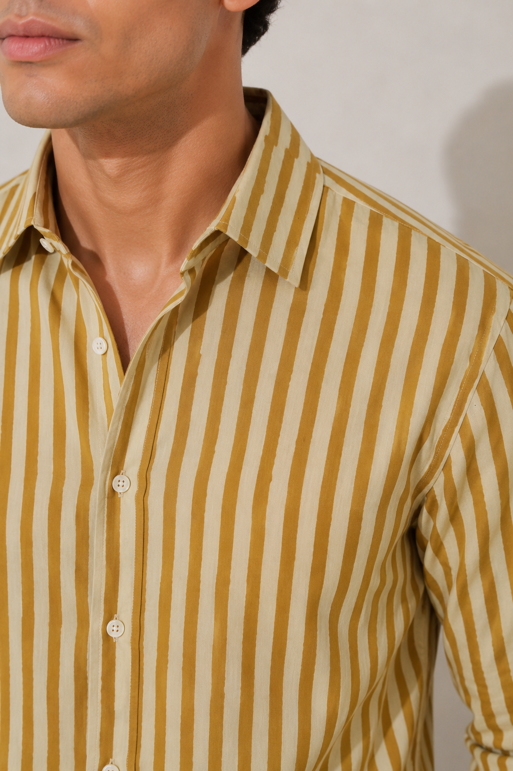 Monaco Mustard Beige Striped Cotton Shirt | Italian Spread Collar