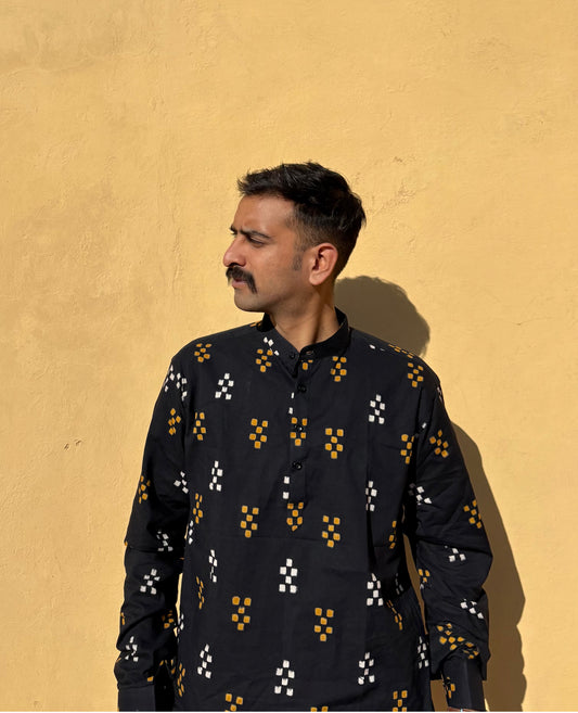 Udaipur Black Cotton Shirt with Mandarin Collar