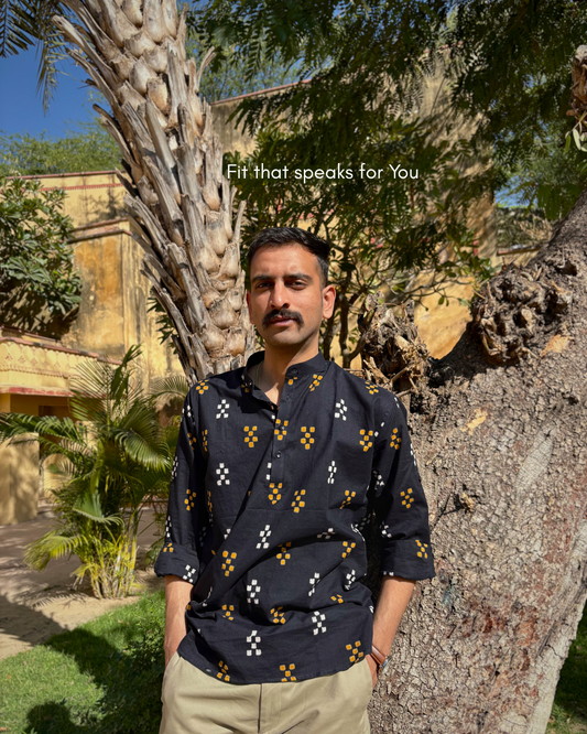 Udaipur — Black Hand Block Printed Cotton Shirt | Mandarin Collar for Men