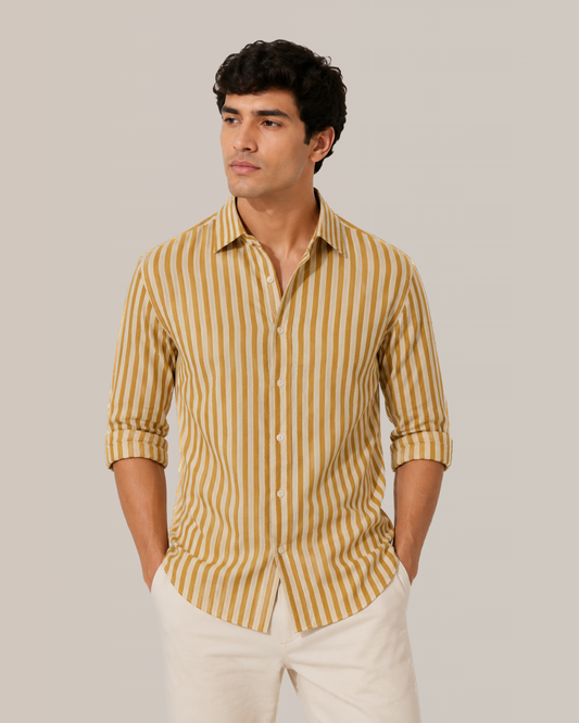 Monaco Mustard Beige Striped Cotton Shirt | Italian Spread Collar
