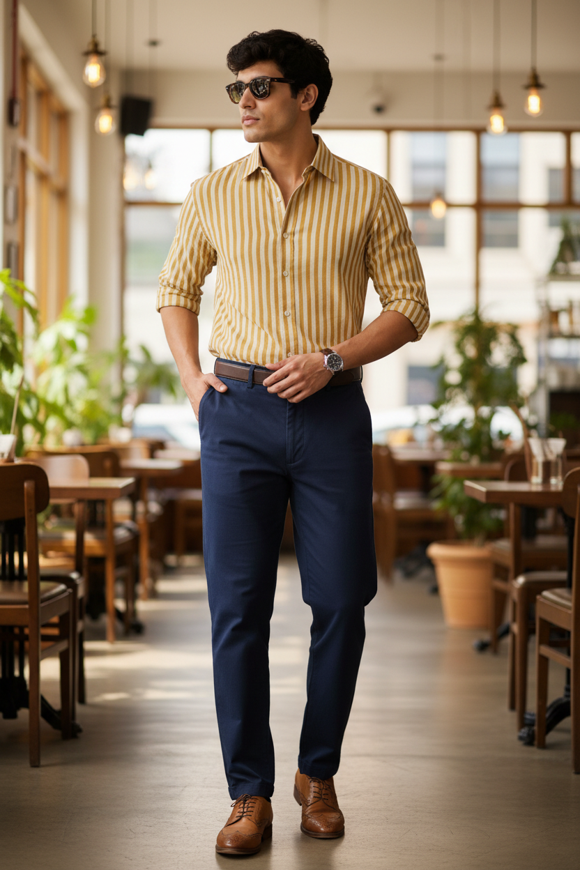 Monaco Mustard Beige Striped Cotton Shirt | Italian Spread Collar